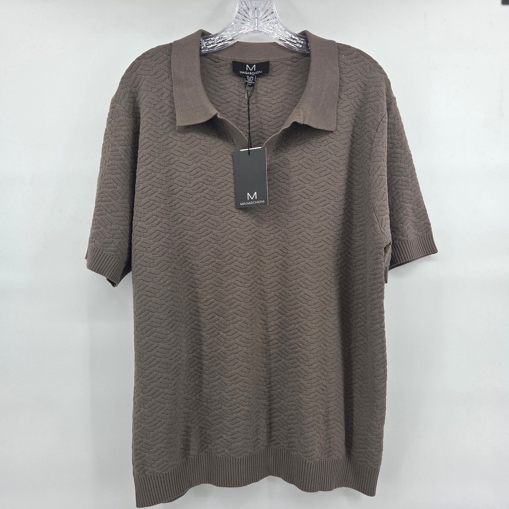 Magaschoni Knit Polo Shirt XL Taupe Textured Short Sleeve Quiet Luxury Boho - Picture 1 of 7